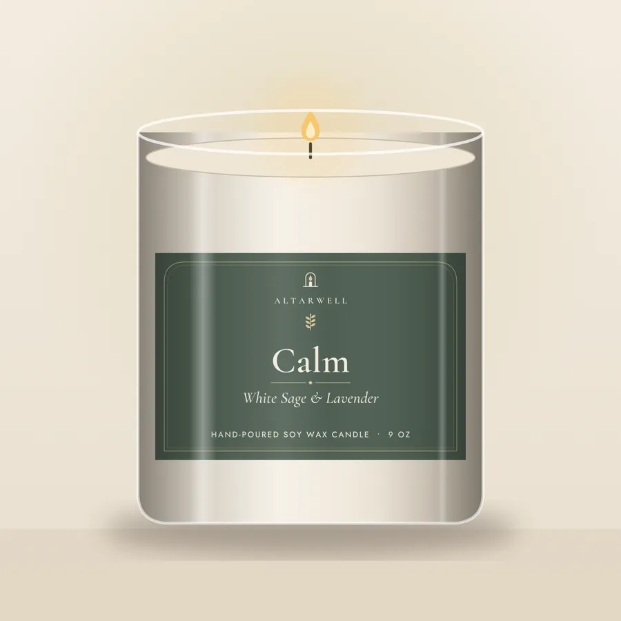 Calm candle, White Sage & Lavender, in a 9 oz glass jar with the AltarWell label