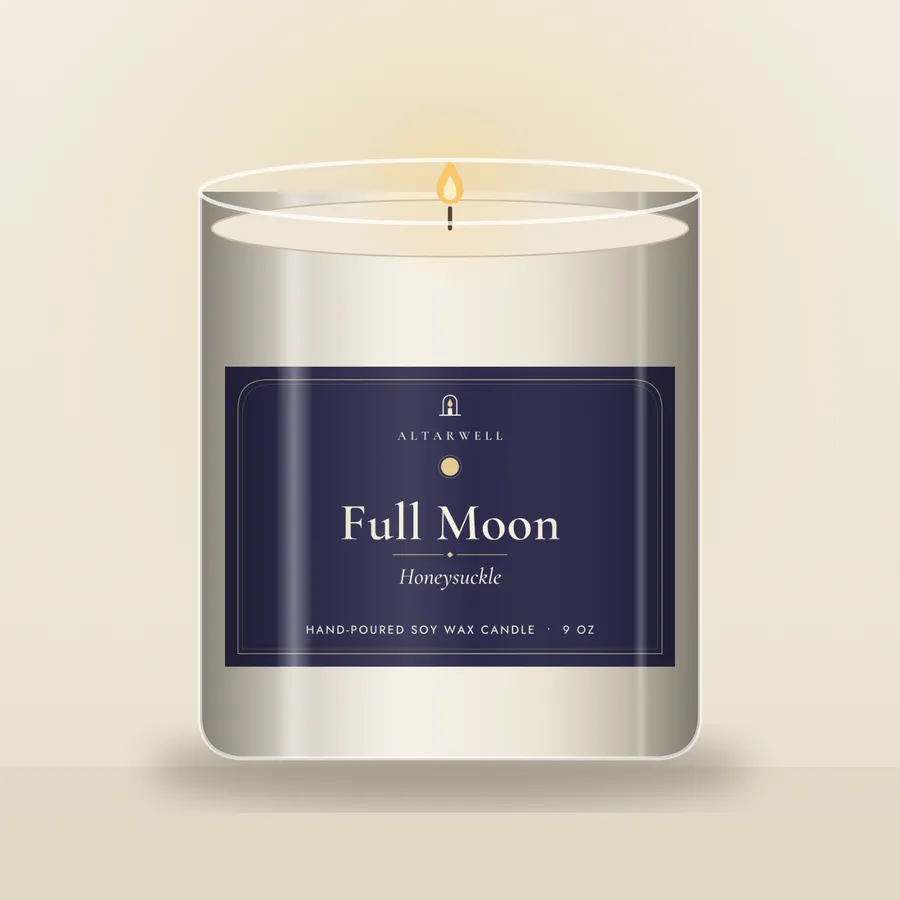 Full Moon candle, Honeysuckle, in a 9 oz glass jar with the AltarWell label